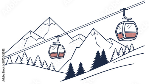 Ski resort cable car gondolas moving over mountain peaks with mountain, vacation