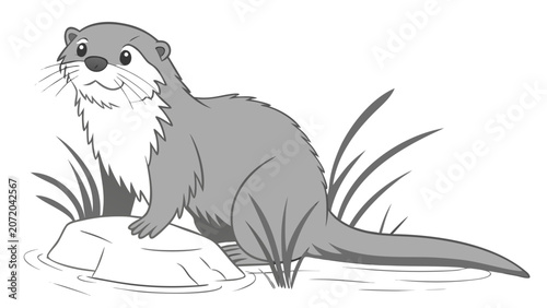 Cute otter sitting on a rock by the water with wildlife illustration creature