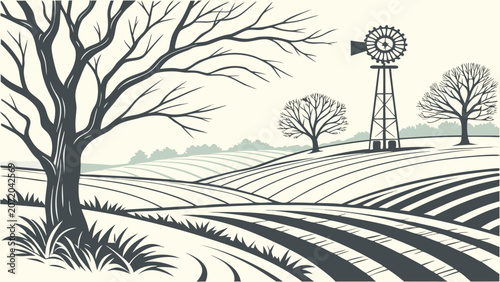 Countryside farm landscape with windmill and trees landscape windmill