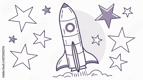 Rocket ship launch illustration with stars and sky, the graphic features