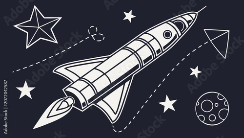 Space rocket flying among stars and moon graphic with astronomy, exploration
