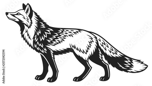 Black and white fox standing side profile illustration with wildlife, predator