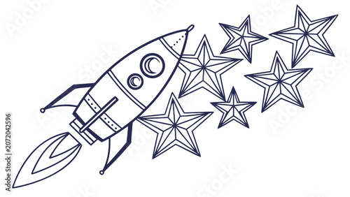 Stylized cartoon rocket ship flying through space surrounded by stars
