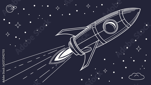 Retro space rocket flying through starry night sky with illustration, adventure