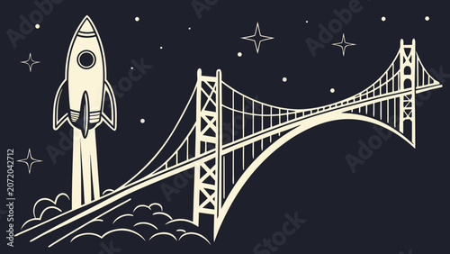 Rocket launching over suspension bridge graphic illustration with technology