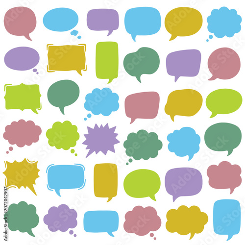 Set of colorful speech bubbles and thought bubbles for communication. Multi-colored vector chat icons and dialog boxes for graphic design