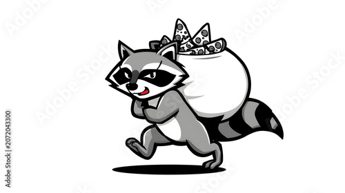 Raccoon carrying trash bag running