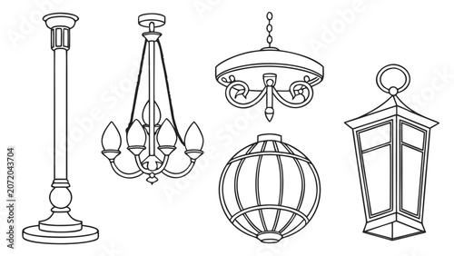 Konstfotografi Set of hanging and ceiling light fixtures collection with chandelier, lighting