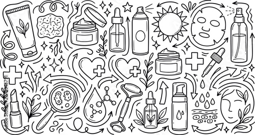 фотографія Cosmetic skincare doodle set hand drawn beauty products and face care icons with
