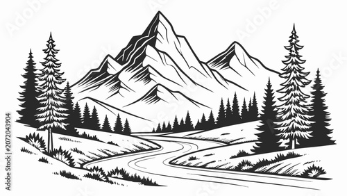 Mountain peaks with winding road and pine forest landscape drawing, mountains