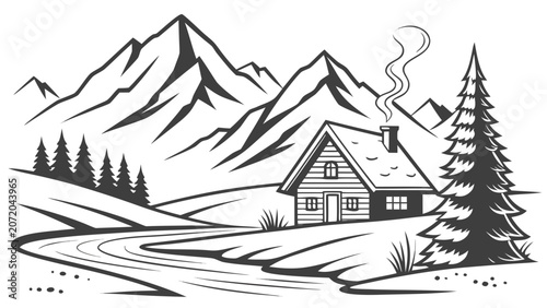 Foto Mountain cabin landscape line art illustration with mountain, landscape
