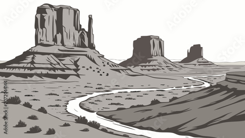 Obraz na plátně Graphic illustration of desert monuments with a winding river through the valley
