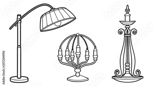 Cuadro en lienzo Set of decorative indoor lighting fixtures outline illustration with lighting