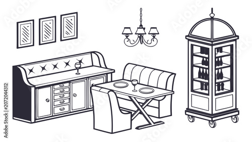 Foto Dining room furniture and bar cart illustration with furniture, sideboard