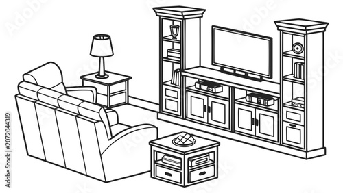 Obraz na płótnie Living room entertainment center and sofa with television, entertainment