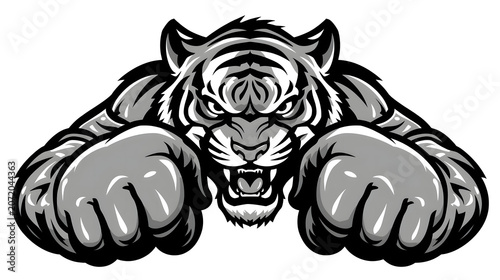 Angry tiger head with paws, aggressive illustration