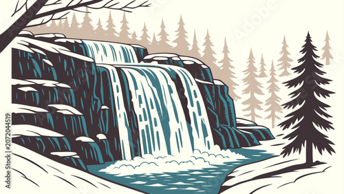 Graphic illustration of waterfall in snowy forest landscape with waterfall