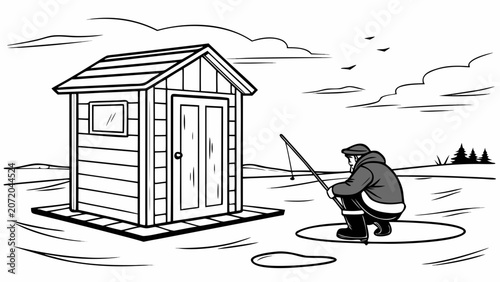 Man ice fishing by small wooden hut on frozen lake line art with fisherman