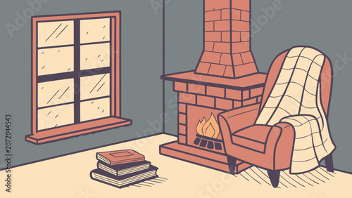 Cozy living room scene with armchair fireplace and books illustration, interior