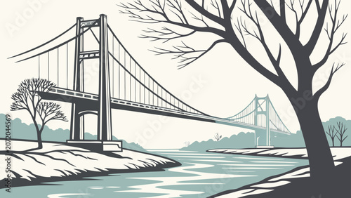 Suspension bridge landscape scenic vector illustration with suspension, landmark