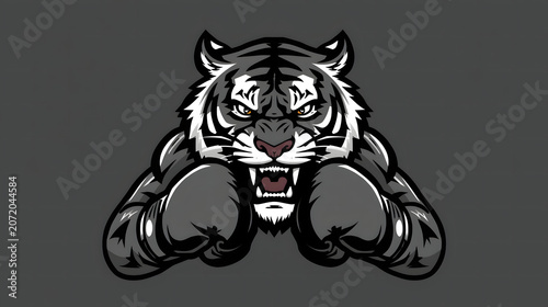 Angry tiger head with muscular arms, black and white illustration