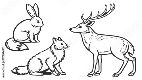 Forest animals set including deer rabbit and fox line art with wildlife