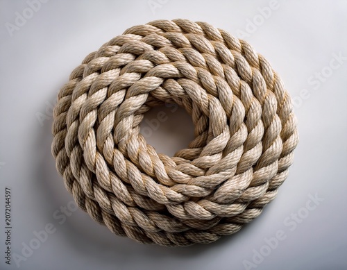 coiled rope forming a circle with a knotted top against gray background white background