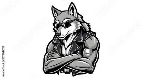 Muscular wolf character with sunglasses and leather jacket