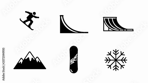 Bild auf Leinwand Snowboarding Icons: Rider, Ramps, Mountain, Snowboard, Snowflake