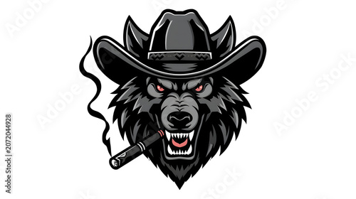 Wolf head wearing cowboy hat with cigar, aggressive expression