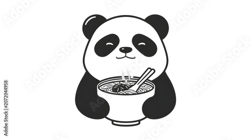 Panda eating noodles, smiling face