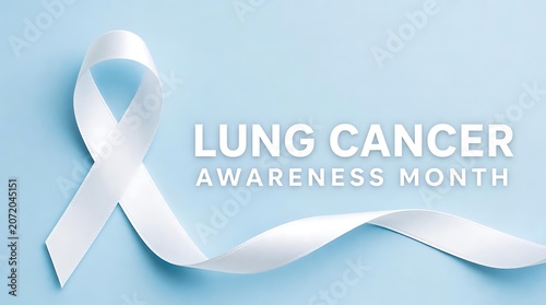 Lung cancer awareness month with white ribbon on light blue background, medicine
