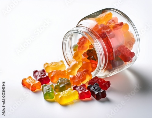 colorful gummy bear candies spilling out of a clear glass jar on a white background
