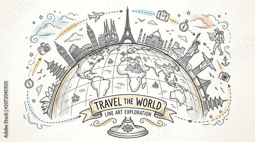 Travel the world hand drawn globe illustration with famous landmarks