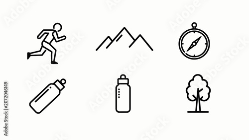 Schilderij op canvas Outdoors Adventure Icons: Running, Mountains, Compass, Water Bottle, Tree