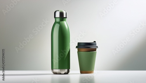 minimalist green reusable water bottle and coffee cup isolated on white background