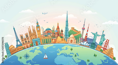 Vector illustration of global landmarks on planet earth with landmarks, heritage