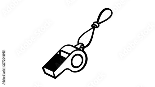 Clean flat vector line icon of a whistle on a lanyard, ideal for sports coaching, referee, training, safety, or lifeguard interface designs.