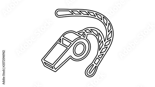 Clean flat vector line icon of a whistle on a lanyard, ideal for sports coaching, referee tools, training, safety, and recreation apps.