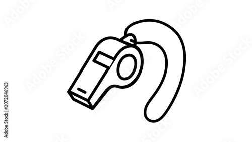 Clean flat vector line icon of a whistle on a lanyard, ideal for coaching, referee, sports training, safety, and event instruction designs.