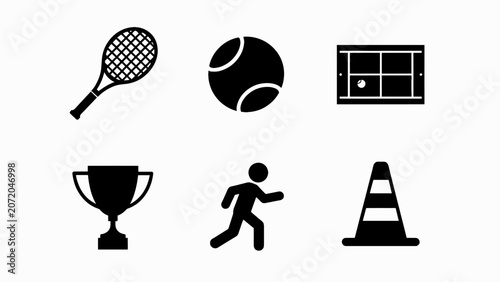 Tableau sur toile Tennis Sports Icons Set: Racquet, Ball, Court, Trophy, Runner, Cone