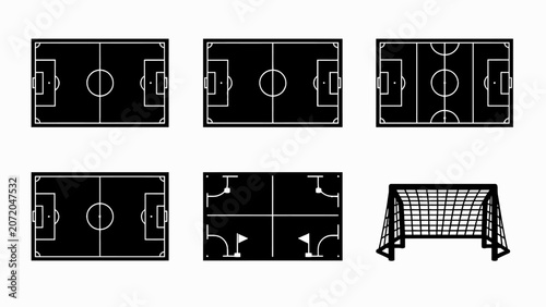 Soccer Field Icons Set - Black and White Sport Vector Graphics