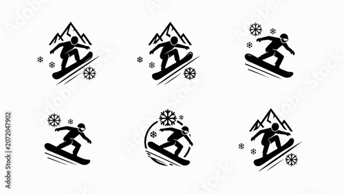 Bild auf Leinwand Snowboarding Icons: Mountain, Snowflakes, Winter Sports Silhouette