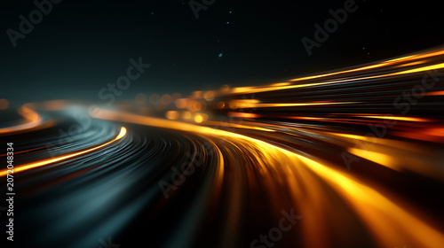 Long Exposure Night Road with Light Trails and Moving Vehicles at High Speed