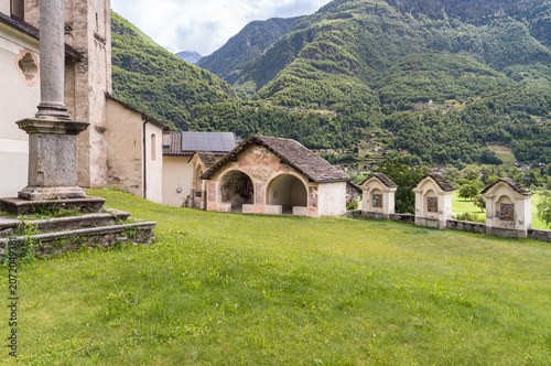The Chapel of the Dead in Semione, located in the churchyard of the Parish Church of Santa Maria Assunta in the Blenio Valley, Canton of Ticino, Switzerland.