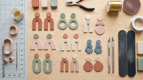 A person displays their handmade earrings and crafting tools on a wooden table.