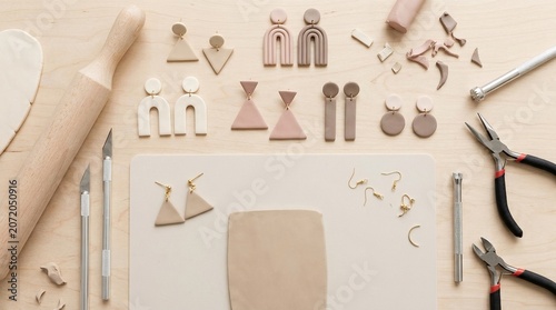 Crafting various clay figurines and jewelry on a worktable with tools