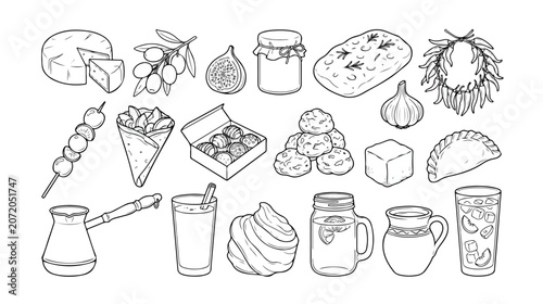 Set of 20 Traditional Greek Food and Drink Outline Icons Vector isolated PNG with Transparent Background