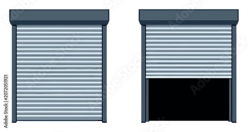 Roller shutter door protecting an entrance. Secure metal gate in closed and open positions, providing access to a warehouse or garage