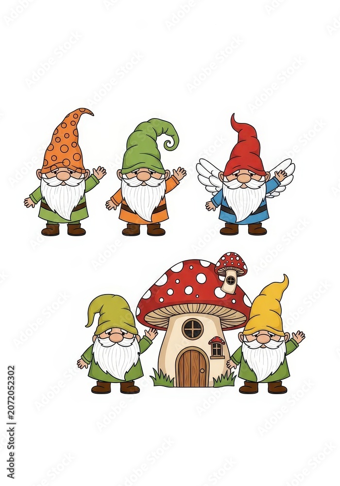 Naklejka premium Set of Cute Cartoon Gnomes and Mushroom House Vector Illustration for Children's Design and Fairy Tale Themes